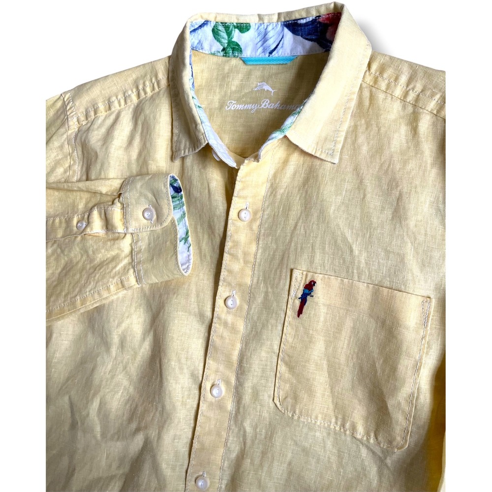 Tommy Bahama Mens Yellow Linen Long Sleeve Parrot Embroidered Button Down Sz M